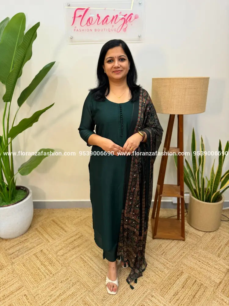 Florista 3 Piece Set in Vichitra Silk - Dark Green (4051C) - Dark Green / M
