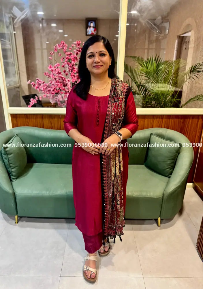 Florista 3 Piece Set in Vichitra Silk - Maroon & Black(4051P) - Maroon & Black / L