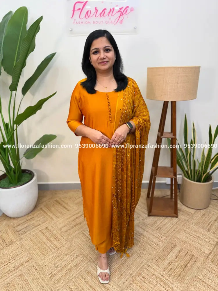 Florista 3 Piece Set in Vichitra Silk - Mustard Yellow (4051E) - Mustard Yellow / M