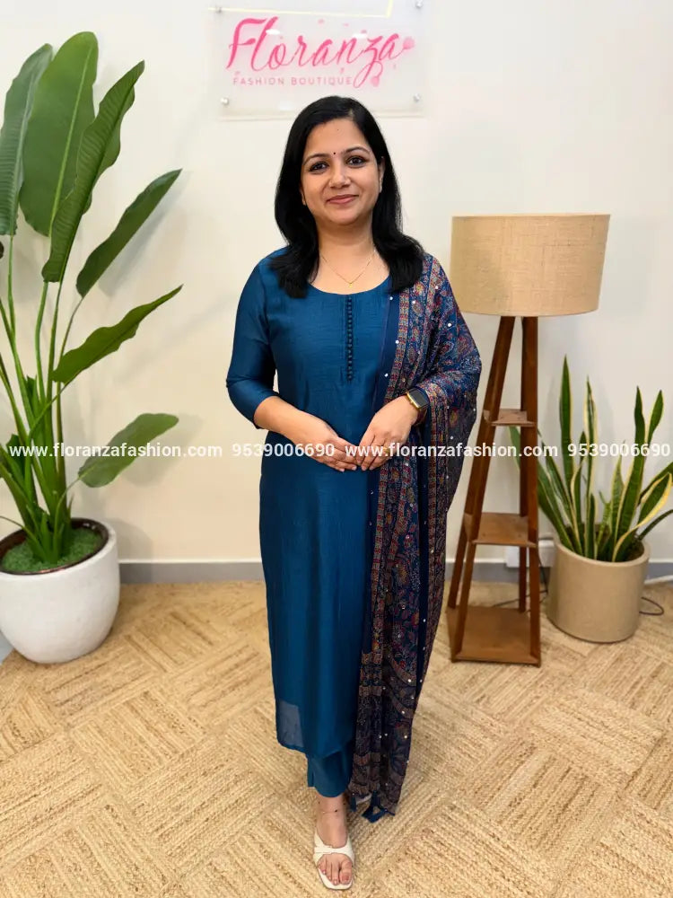 Florista 3 Piece Set in Vichitra Silk - Teal Blue (4051G) - Black / M