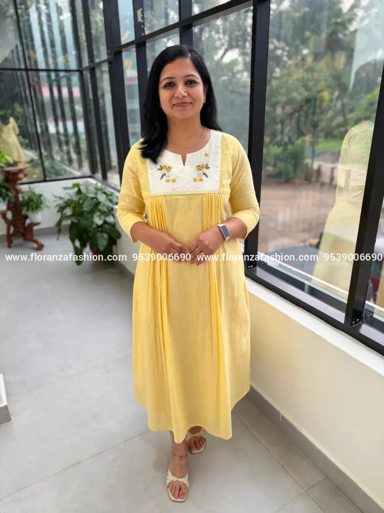 Florista Aline Designer Kurti in Weaved Cotton - Baby Yellow(4121B) - Baby Yellow / M