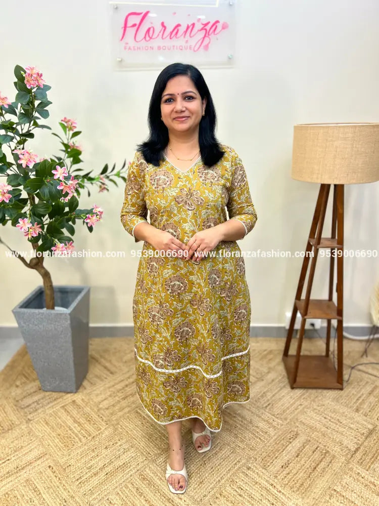 Florista Aline Kurti in Cotton - Mustard Yellow mix Olive Green (3975D) - Mustard Yellow / XS
