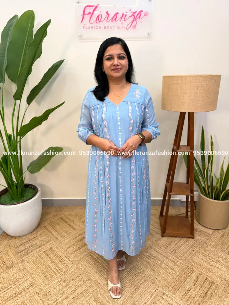 Florista Aline Kurti in Mul-Chanderi - Light Blue (4044B) - Light Blue / XS