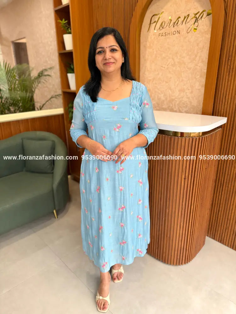 Florista Aline Kurti in Mul-Chanderi - Light Blue (4068D) - Light Blue / S