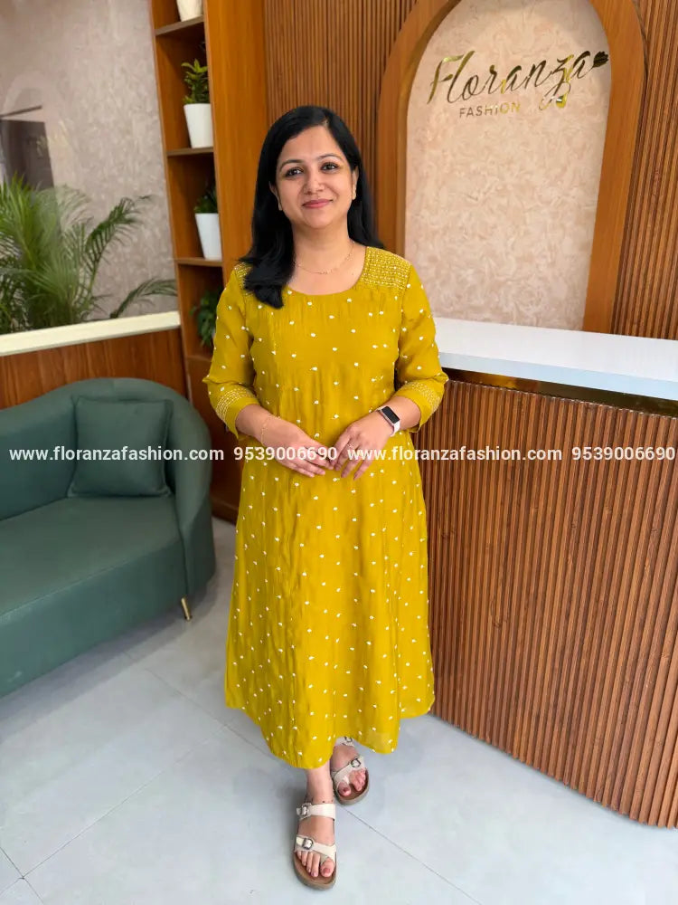 Florista Aline Kurti In Mul-Chanderi - Mustard Yellow mix Olive Green(4118D) - Mustard Yellow mix Olive Green / XS