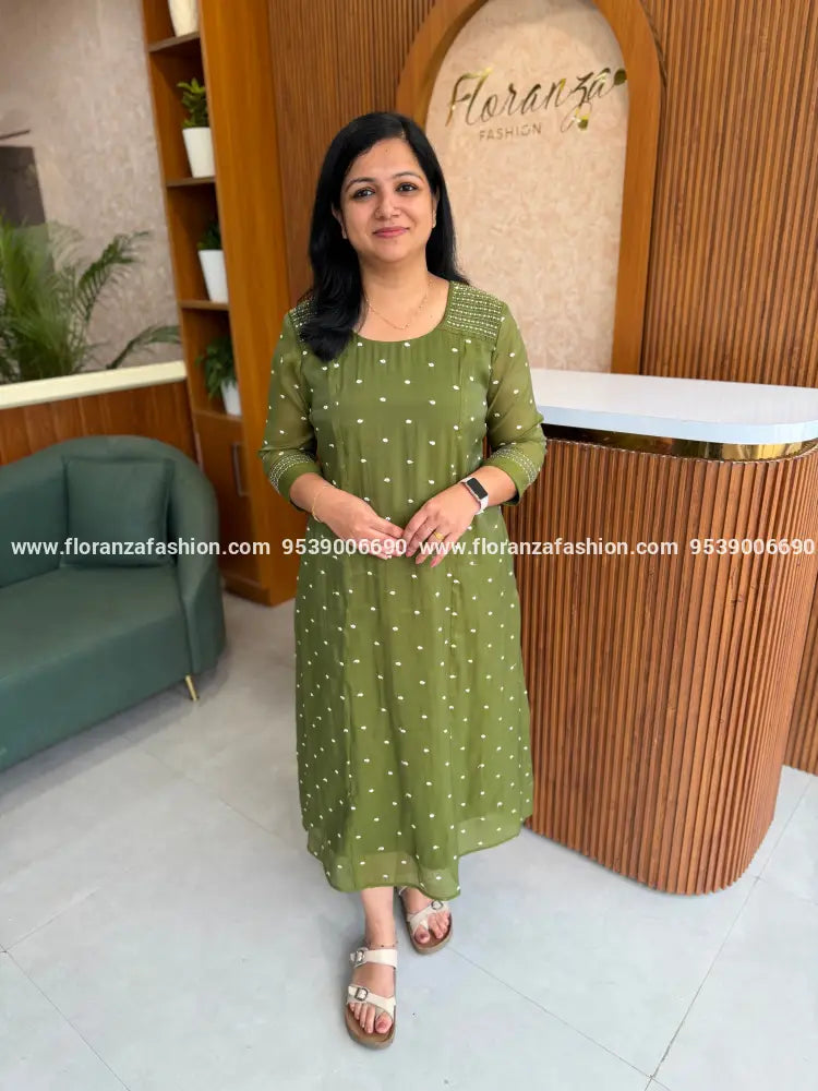 Florista Aline Kurti In Mul-Chanderi - Olive Green(4118B) - OLIVE GREEN / XS