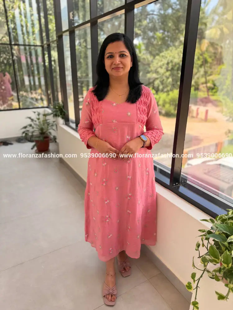 Florista Aline Kurti in Mul-Chanderi - Peachish Pink (4068A) - Peachish Pink / S