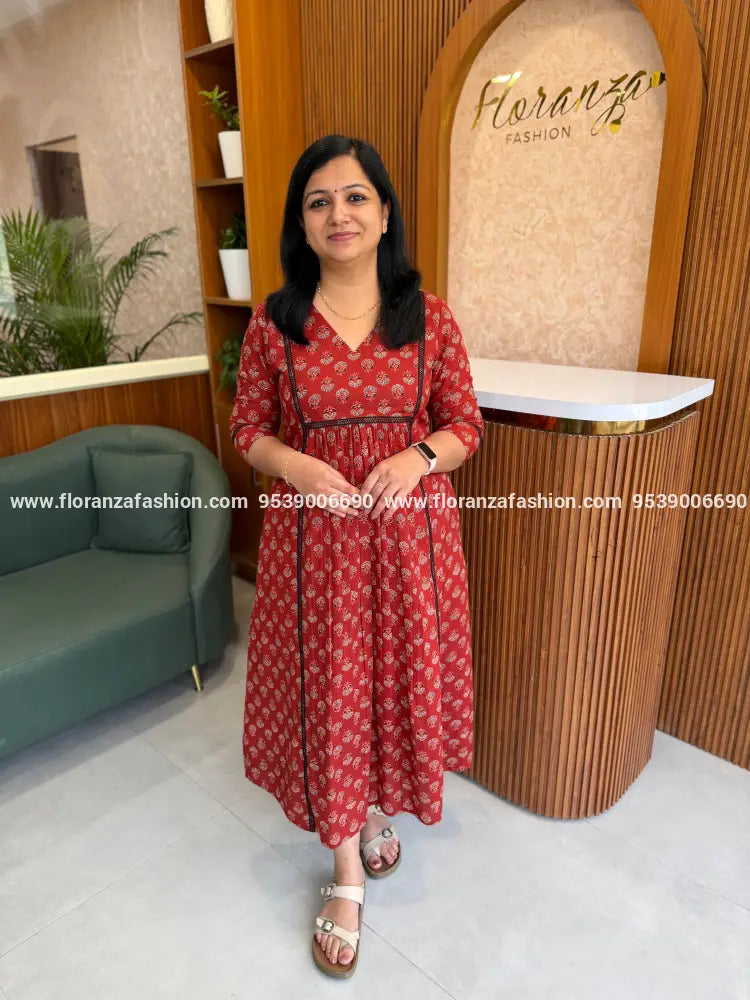 Florista Aline Kurti in Printed Cotton - Brick Red S Print (4152B) - Brick Red S Print / XS