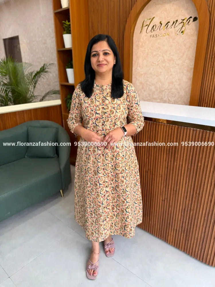 Florista Aline kurti in pure cotton kalamkari - Beige (4117D) - Beige / M
