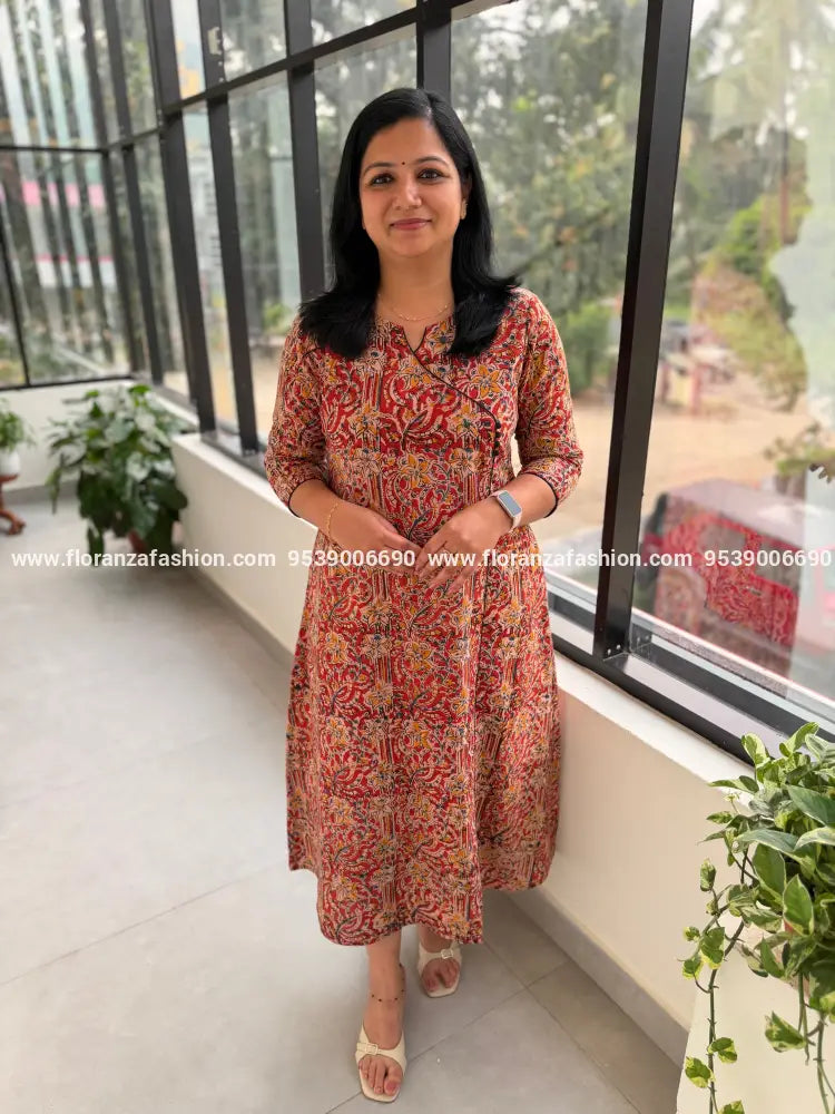 Florista Aline Kurti in Pure Cotton Kalamkari - Brick Red (4114B) - Brick Red / M