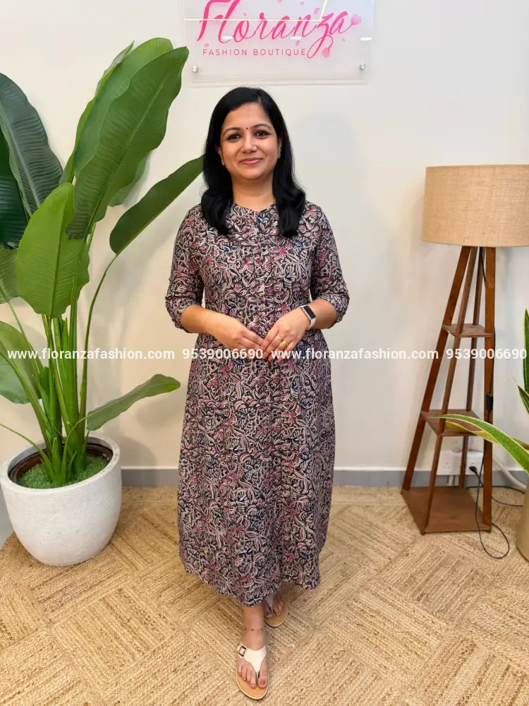 Florista Aline kurti in pure cotton kalamkari - Dark Brown(4117E) - Dark Brown / M