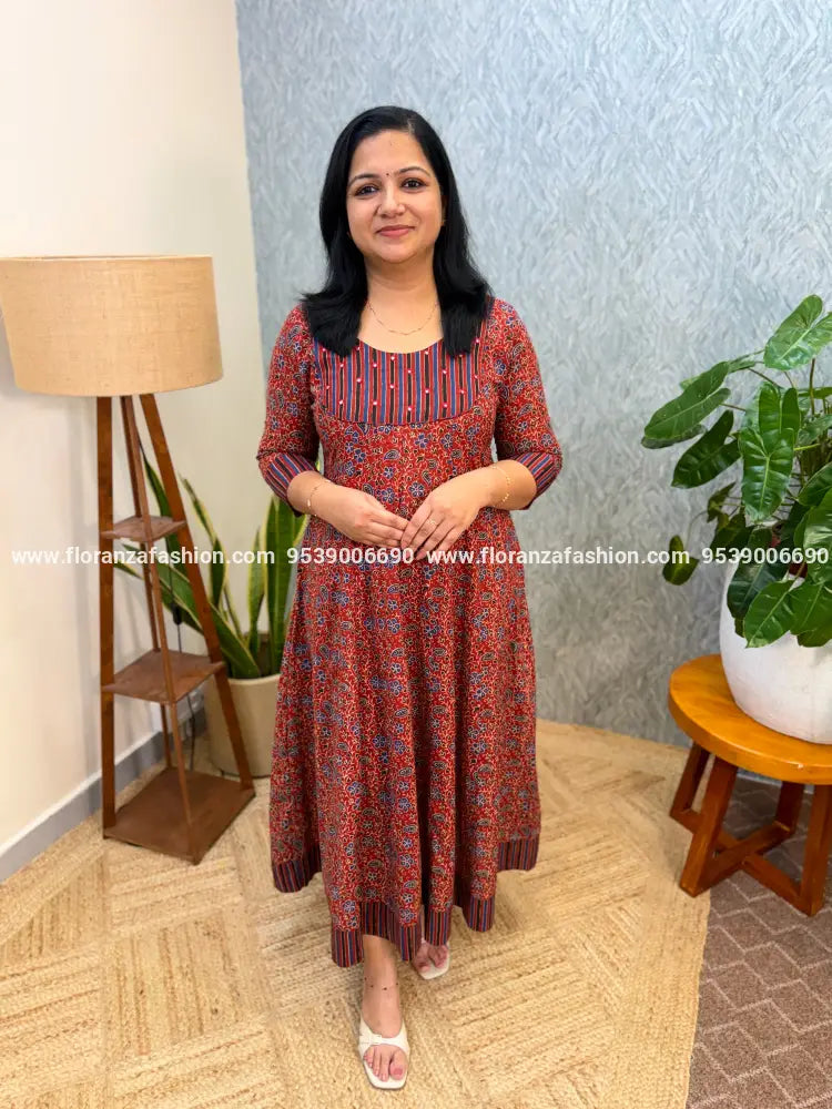 Florista Anarkali Kurti in Cotton - Brick Red (3983B) - Brick Red / XS