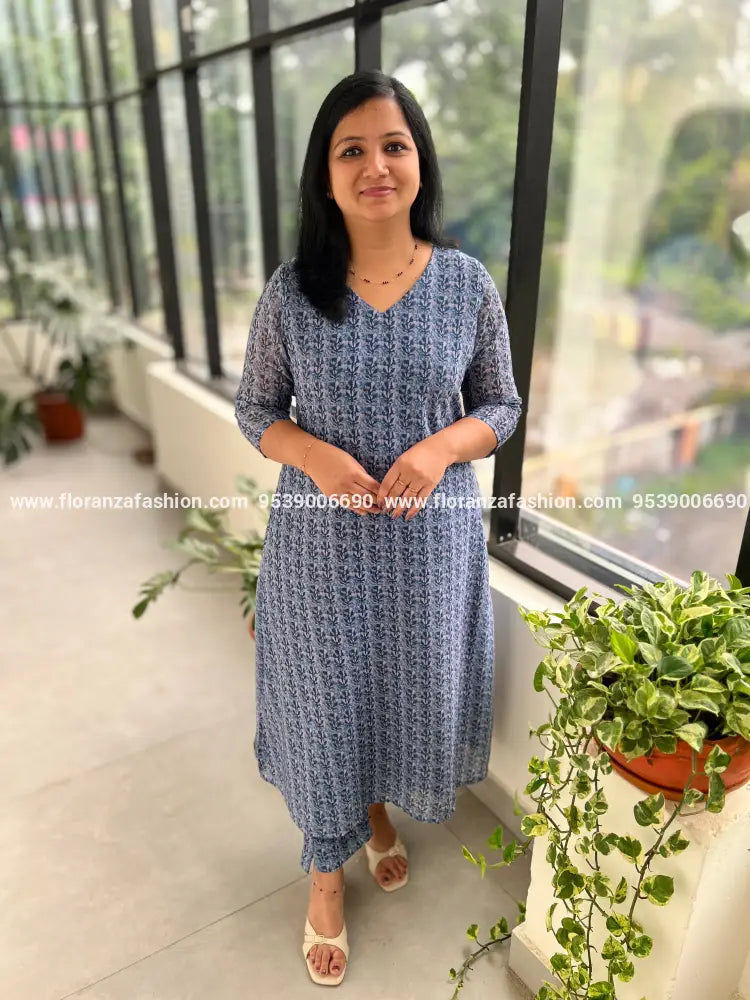 Florista Co-ord set in Printed Georgette - Greyish Blue (3753) - Greyish Blue / S
