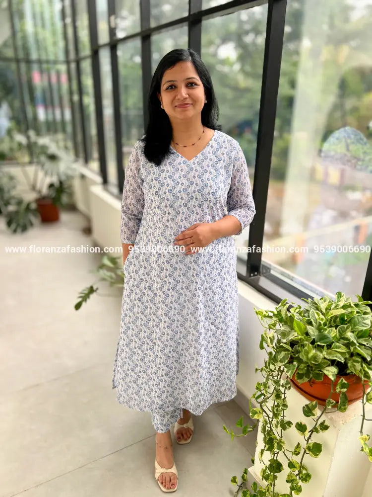Florista Co-ord set in Printed Georgette - White n Indigo (3753)