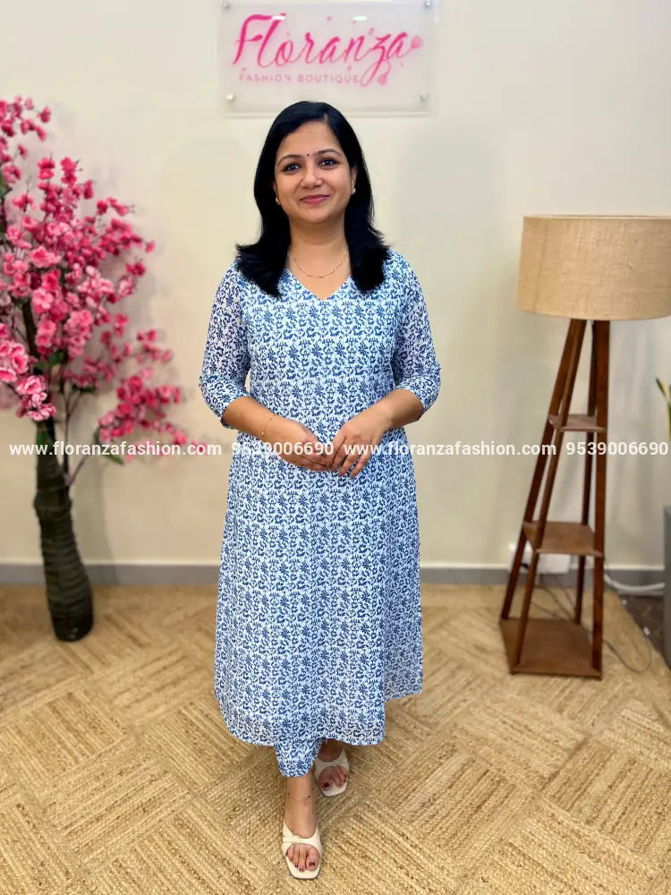 Florista Co-ord set in Printed Georgette - White n Indigo (3753) - White n Indigo / S