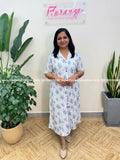 Florista Indo-Western Dress in Imported Crushed Fabric - White n Blue (3111V) - White n Blue / S