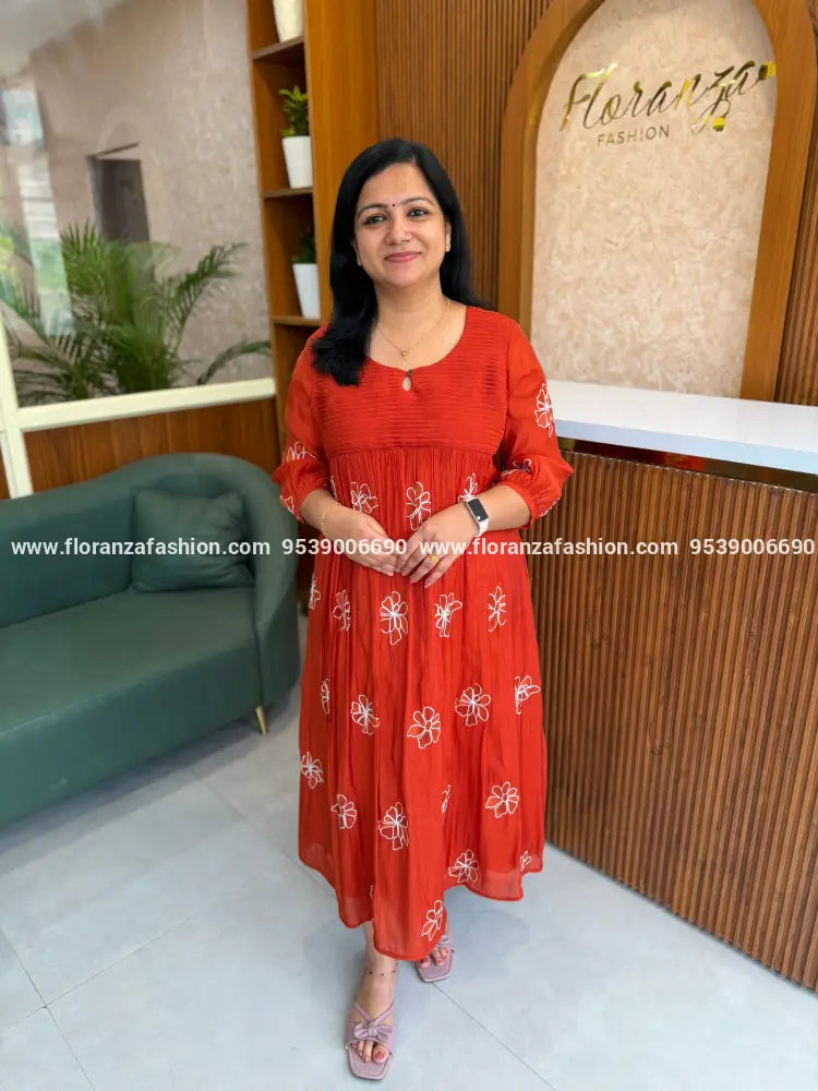 Florista Kurti in Mul Chanderi - Burnt Orange (4108) - Burnt Orange / S