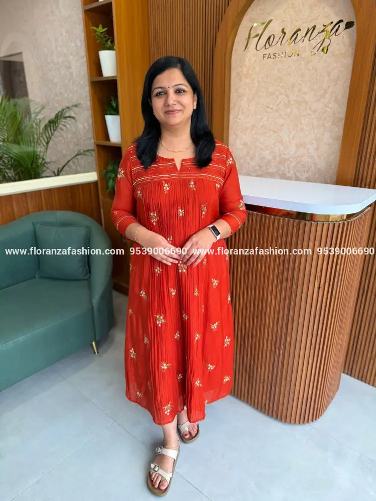 Florista Kurti in Mul Chanderi - Burnt Orange (4143D) - Burnt Orange / S