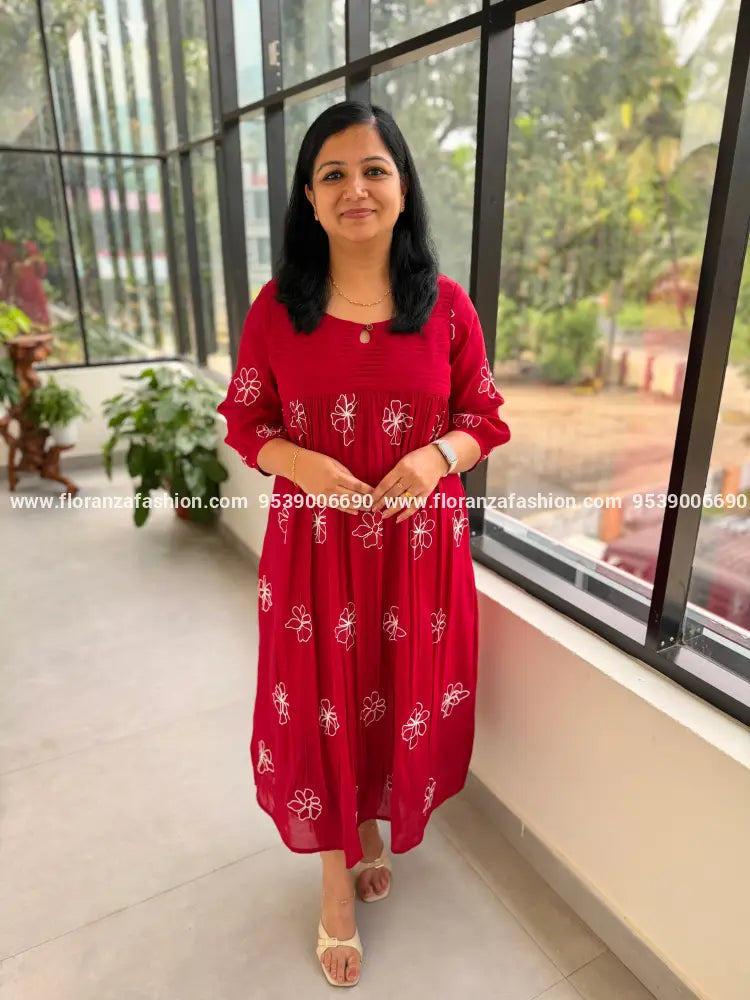 Florista Kurti in Mul Chanderi - Chilly Red (4108B) - Chilly Red / S