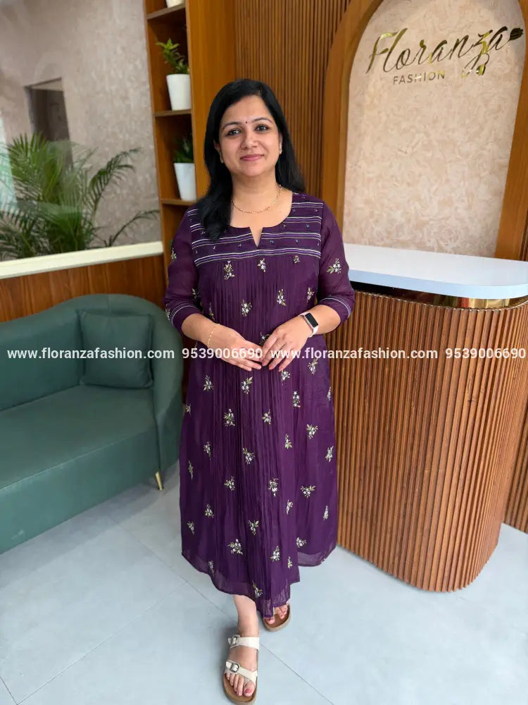 Florista Kurti in Mul Chanderi - Grape Purple(4143A) - Grape Purple / S