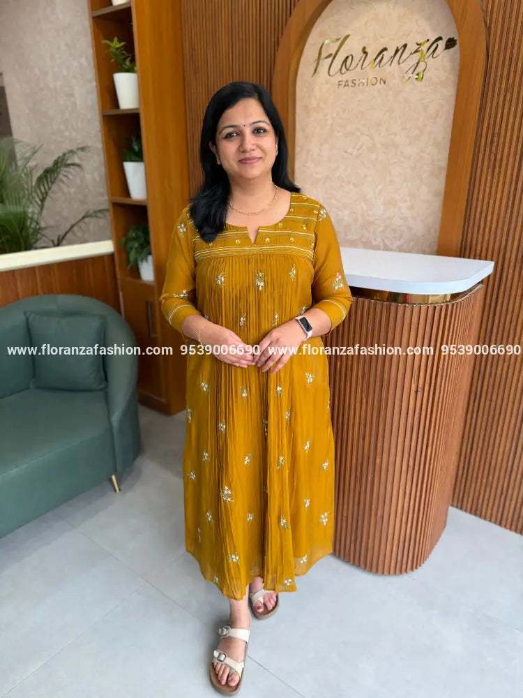Florista Kurti in Mul Chanderi - Olive mix Mustard Yellow(4143F) - Mustard Yellow / S
