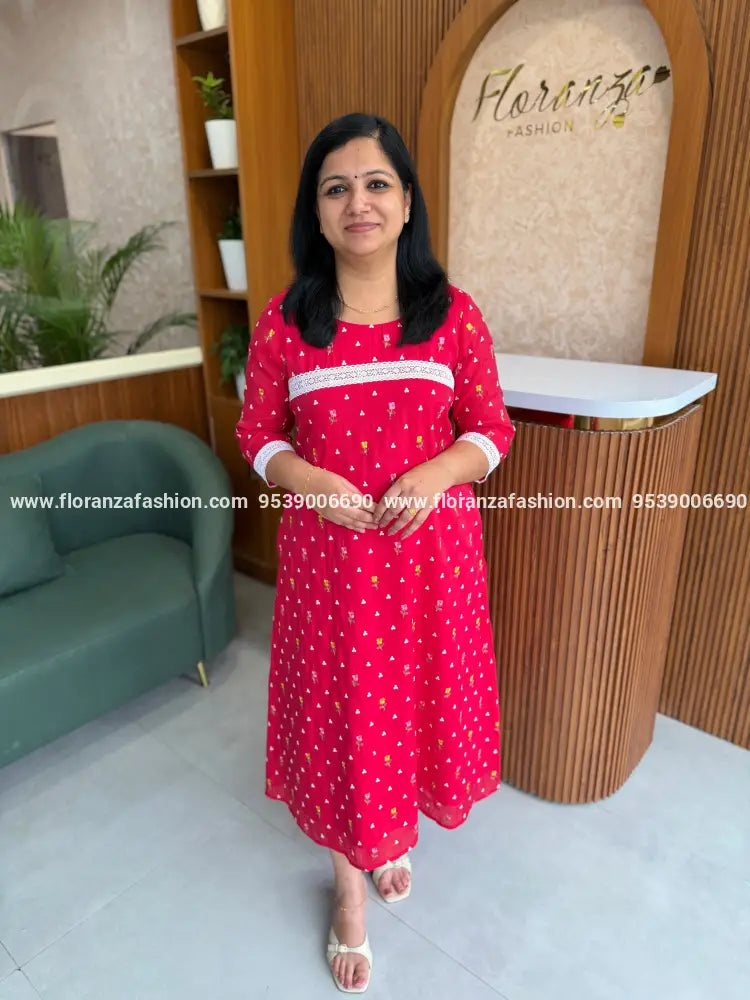Florista Kurti in Mul Chanderi - Rani Pink mix Red (4136D) - Rani Pink mix Red / S
