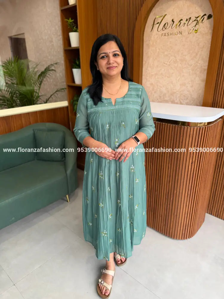 Florista Kurti in Mul Chanderi - Sage Green(4143G) - Sage Green / S