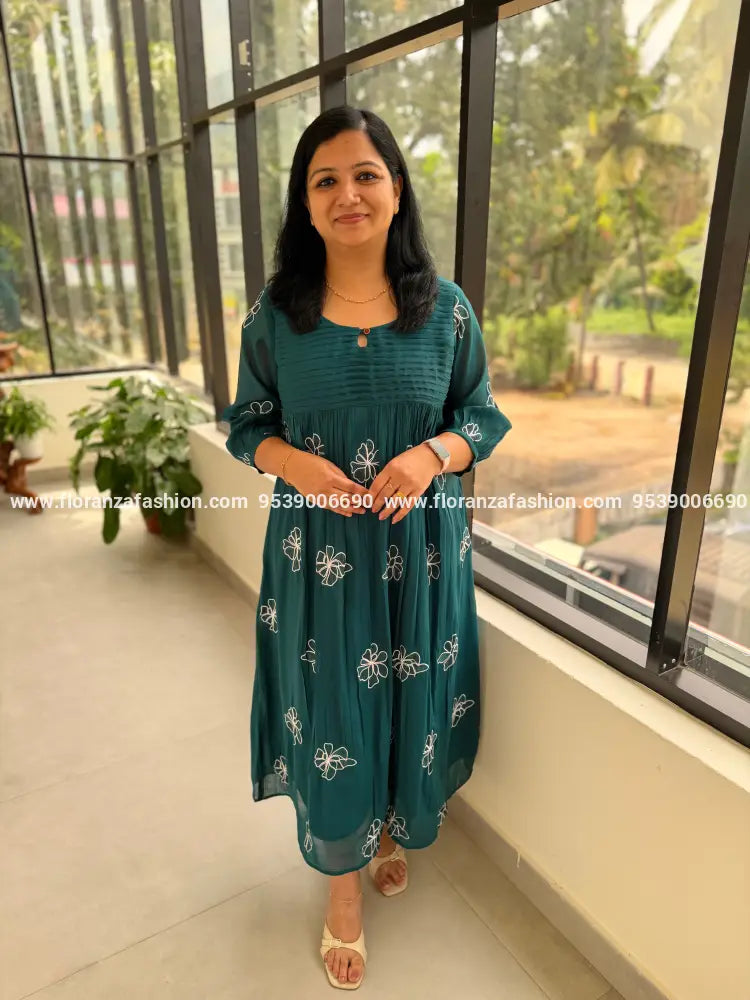 Florista Kurti in Mul Chanderi - Teal Green (4108D) - Teal Green / S