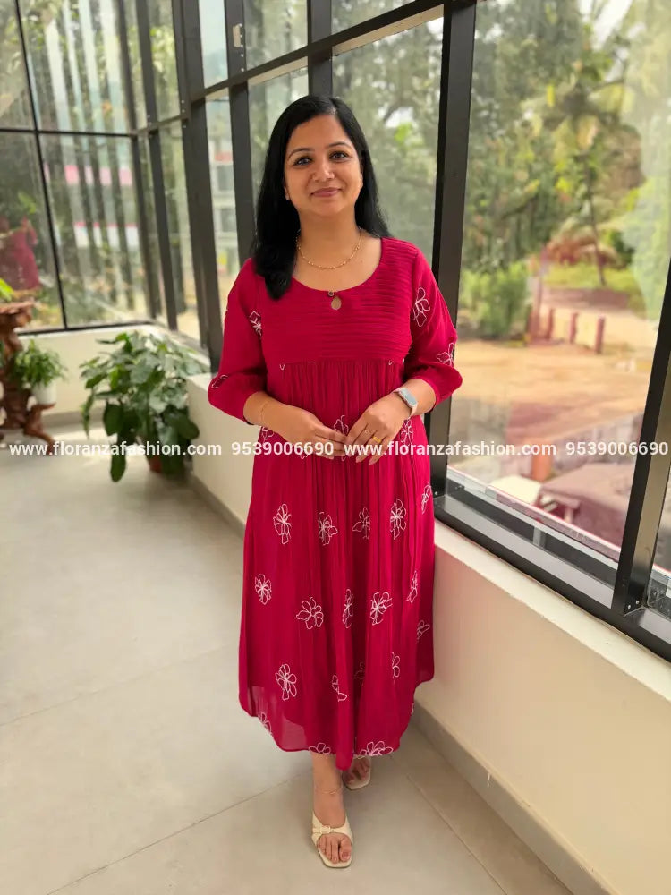 Florista Kurti in Mul Chanderi - Wine Pink (4108C) - Wine Pink / S