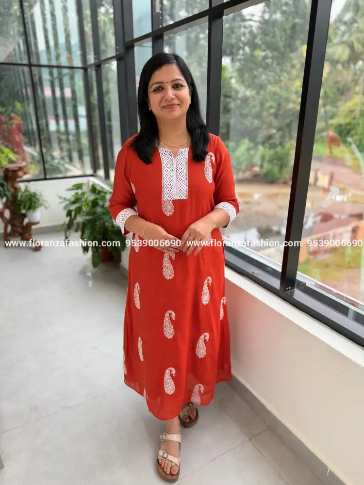 Florista Kurti in Premium Mul Chanderi - Burnt Orange (4112D) - Burnt Orange / M