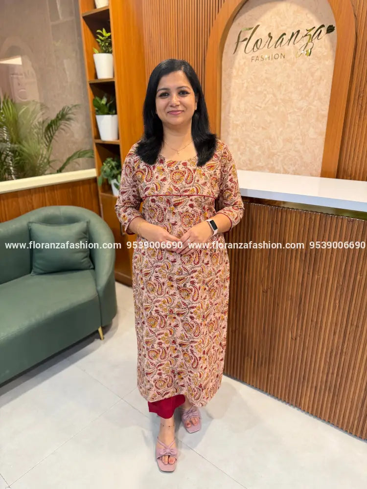 Florista Kurti in Pure Cotton Kalamkari - Pinkish Chiku (4105B) - Pinkish Chiku / S
