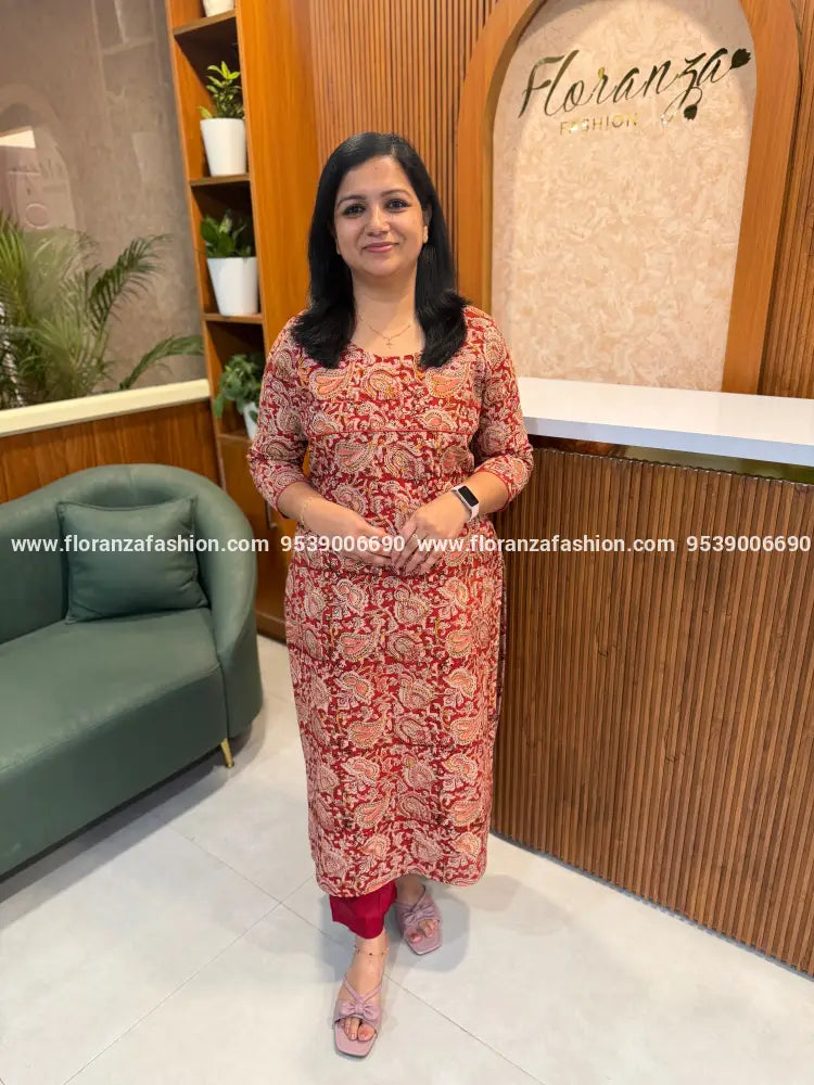 Florista Kurti in Pure Cotton Kalamkari - Red n Chiku (4105D) - Red n Chiku / S