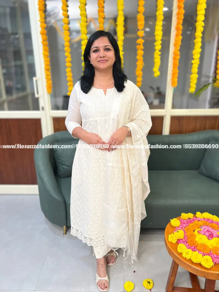 Florista Onam Special 3 Piece Set In Cotton Hakoba with Sequins work - (3823A) - OFF-WHITE / XS