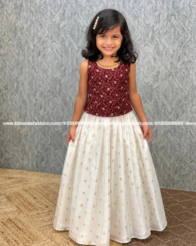 Florista Onam Special Kids Long Skirt and Top-Reddish Maroon(3895) - Reddish Maroon / 20