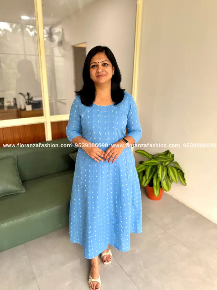 Florista Panel Cut Anarkali Co-Ord Set in Handweaved Cotton - 3758 - Light Blue / S