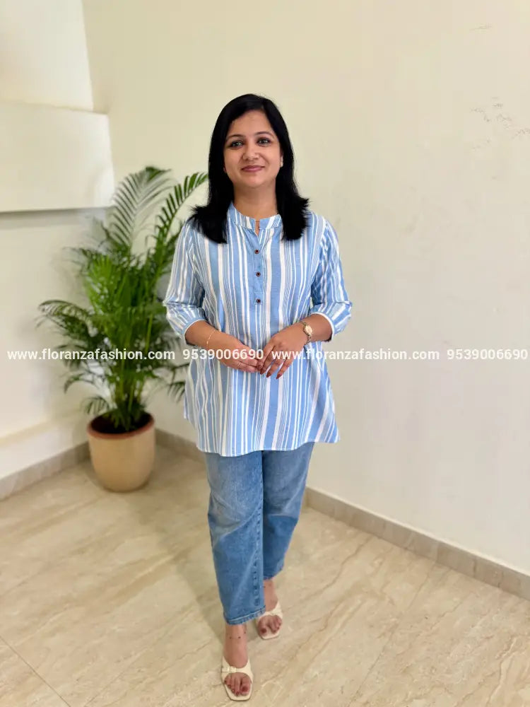 Florista Short Kurti in Linen Blends - 3800 - Blue / S