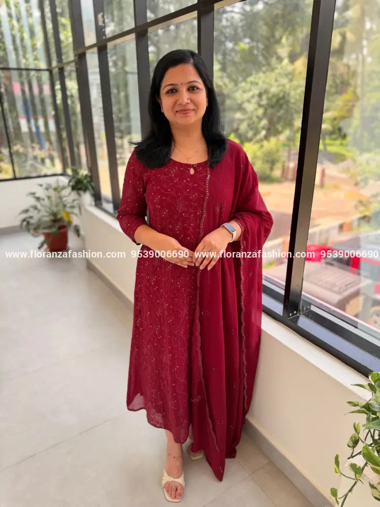 Florista Top n Dupatta Set in Mul-Chiffon - Dark Maroon (4045C) - Dark Maroon / XS