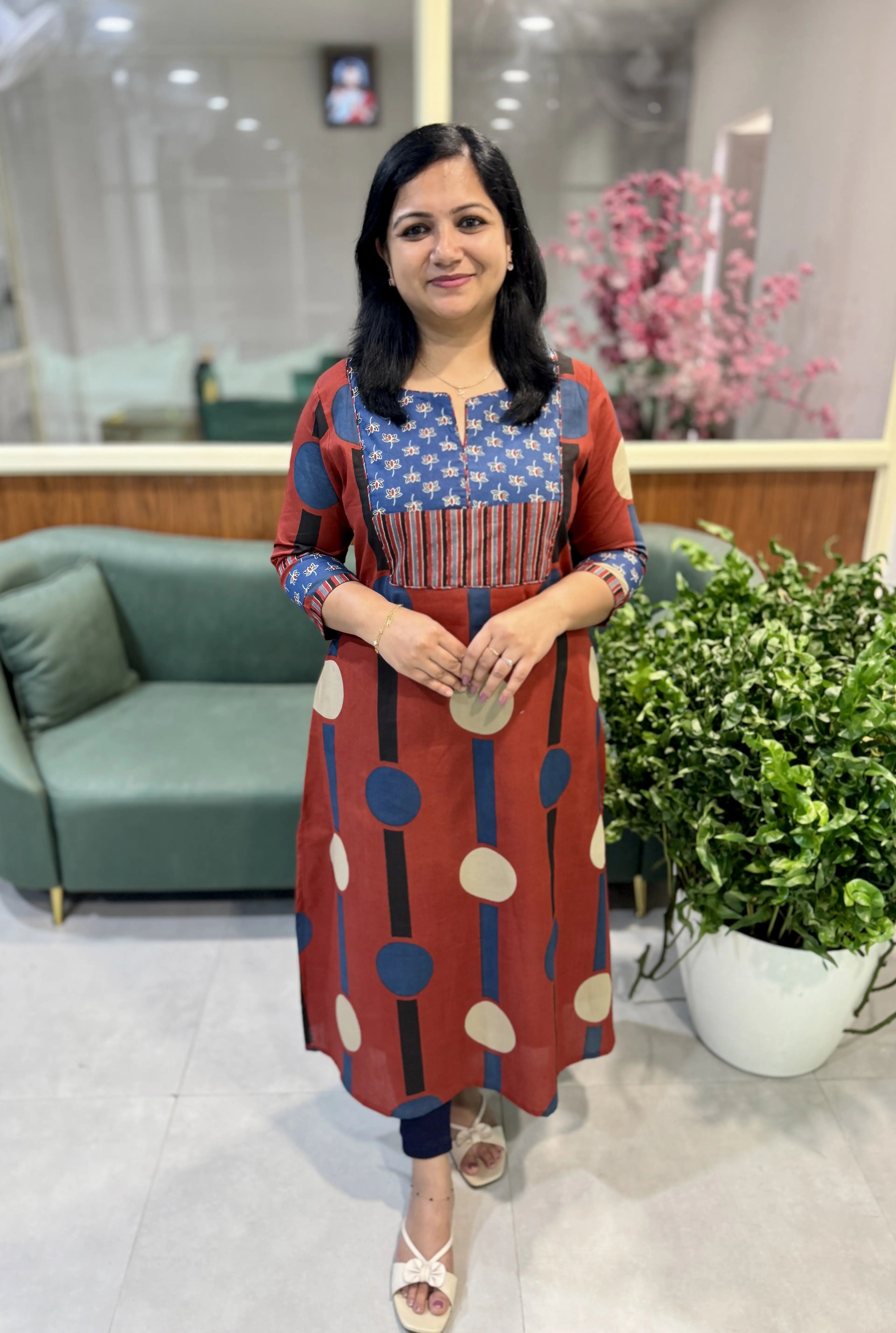 Florista Kurti in Pure Cotton - Brick Red n Blue (3125)