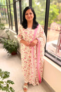 3 Piece Set in Cotton with Sanganeri print - Off-white with Pink n Green (3619)