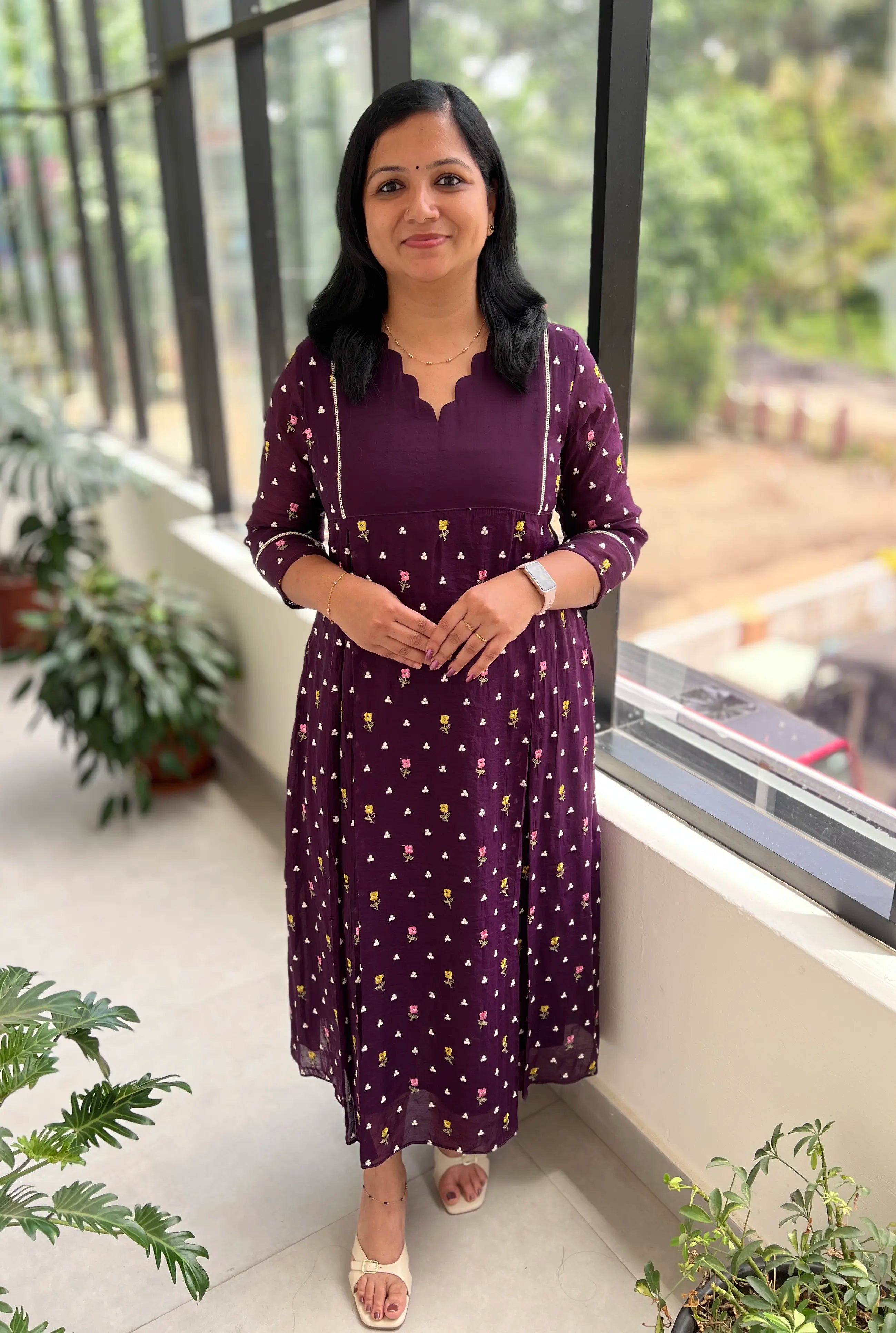 Florista Kurti in Mul-Chanderi - Grape Purple