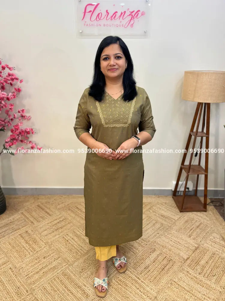 Offer Sale - Branded Kurti in Semi Silk - Dusty Olive Green(3733) - OLIVE GREEN / M