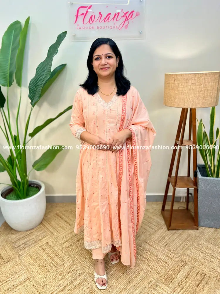 Onam Special 3 Piece Set in Premium Kora Cotton - Baby Peach (3944B) - Baby Peach / M
