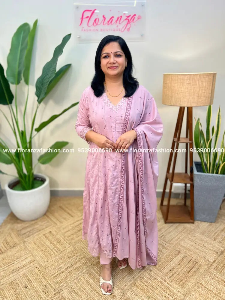 Onam Special 3 Piece Set in Premium Kora Cotton - Lilac mix Baby Pink (3944A) - LILAC / M