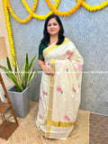 Onam Special Saree in Kora Cotton - Off-white (3936) - OFF-WHITE