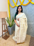 Onam Special Saree in Kora Cotton -Off White n Mustard Yellow (3936) - OFF-WHITE
