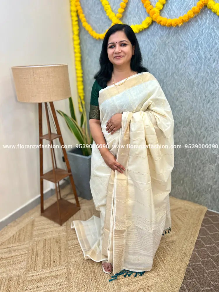 Onam Special Saree in Kora Cotton -Off White n Peacock (3936) - OFF-WHITE