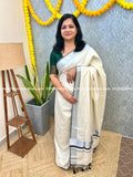 Onam Special Saree in Kora Cotton - Silver n Black (3936) - Silver