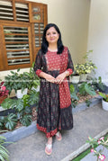 Panel Cut Anarkali 3 Piece Set in Cotton - Black n Brick Red (3249)