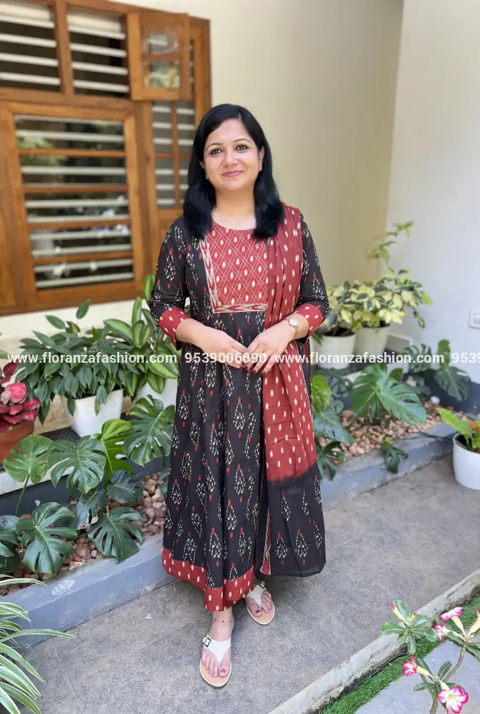 Panel Cut Anarkali 3 Piece Set in Cotton - Black n Brick Red (3249)