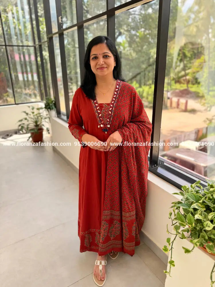 Panel Cut Anarkali 3 Piece Set In Cotton - Brick Red (4065A) - Brick Red / M